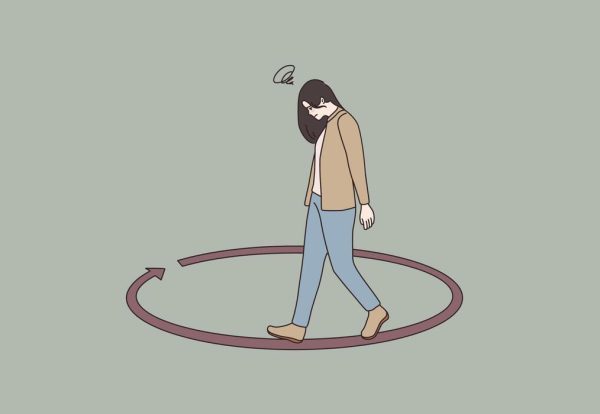 unhappy-sad-woman-walking-in-circle-thinking-and-pondering-over-problem-making-solution-distressed-female-overthink-follow-same-life-scenario-comfort-zone-flat-illustration-vector